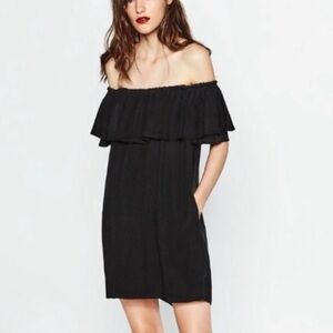 Zara Woman Off Shoulder Ruffle Black Mini Dress S Premium Denim Collection